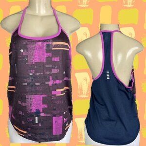 Under Armour L Pink-Navy Geometric Mesh Racerback Heatgear Halter Neckline Tank